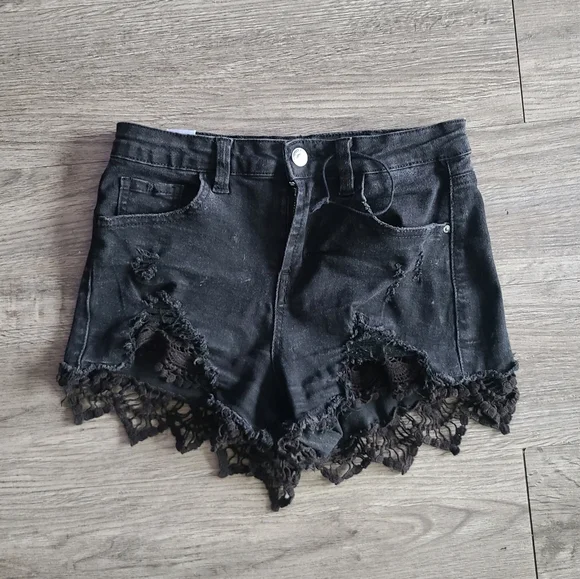 Almost Famous Black Jean Shorts, Ripped High Waist Jean Shorts, Scalloped Shorts - Picture 2 of 5
